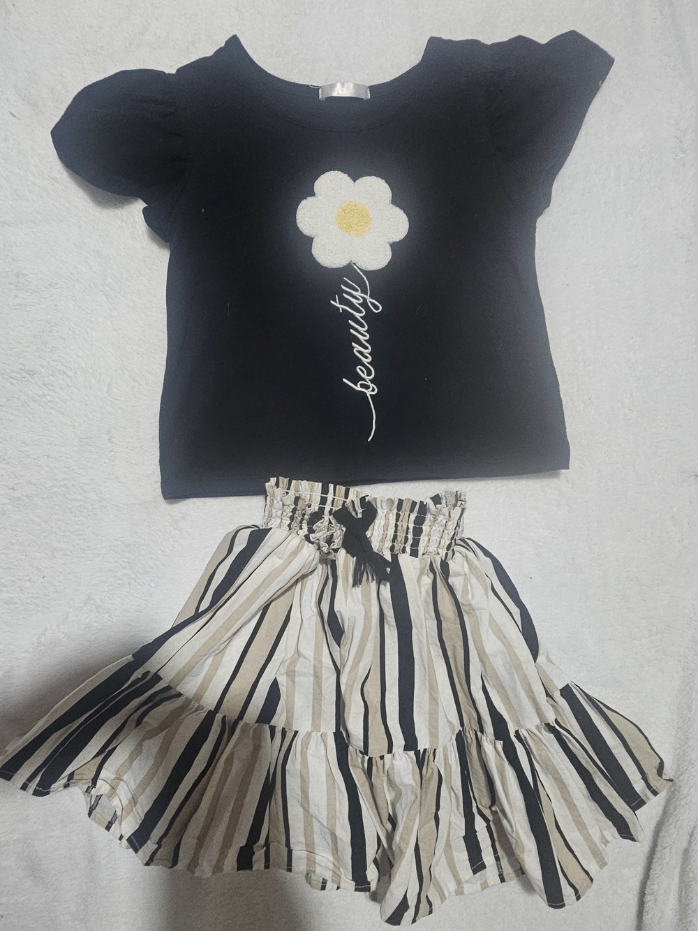 Tahari Black Tee & Cream Striped Ruffle Skirt Set